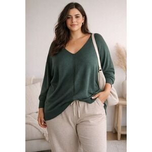 Poppy & Whimsy Green V Neck Dolman Knit Sweater Size 2XL Cozy Minimalist Chic